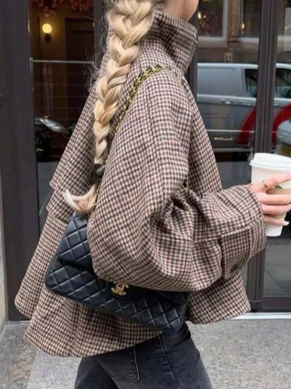 Reddish Casual Women's French Houndstooth Stand Collar Short Pocket Jacket